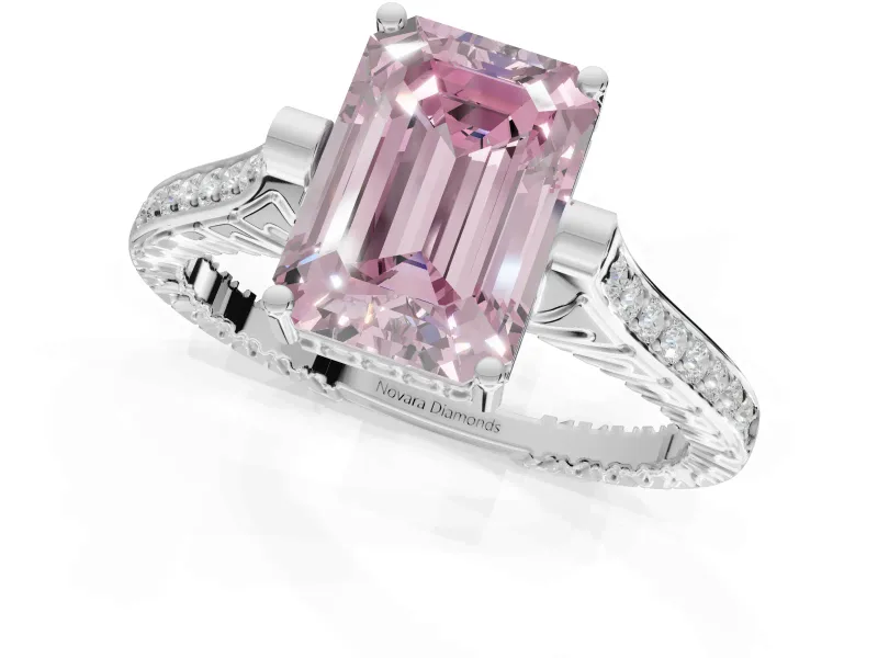 Emerald Cut Vintage Cathedral Engagement Ring Setting for a Fancy Pink Lab-Grown Diamond | Carved Band | Platinum