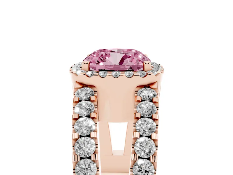 Fancy Pink Cushion Cut Diamond Halo Ring Set in Rose gold with Pavé Split Shank and Prong Setting