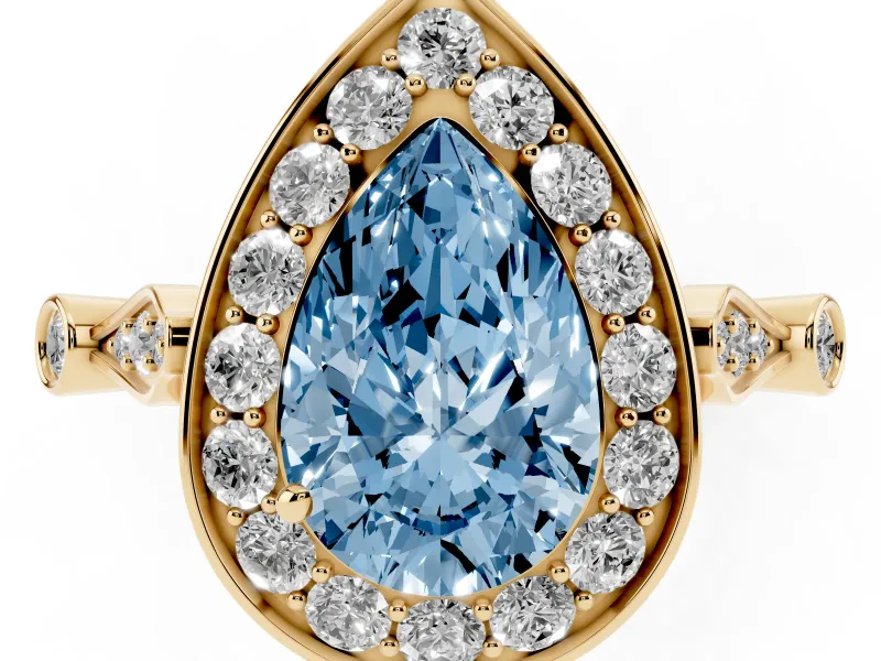 Pear-Shaped Halo Engagement Ring Setting for a Fancy Blue Lab-Grown Diamond | Bezel Station Shoulders | Yellow Gold