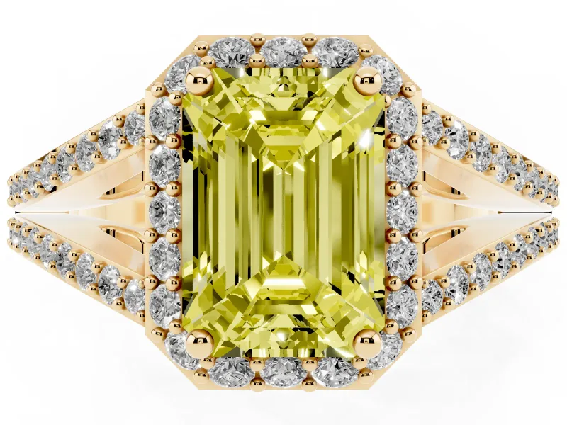Emerald Cut Halo Engagement Ring Setting for a Fancy Yellow Lab-Grown Diamond | V-Split Pavé Band | Yellow Gold