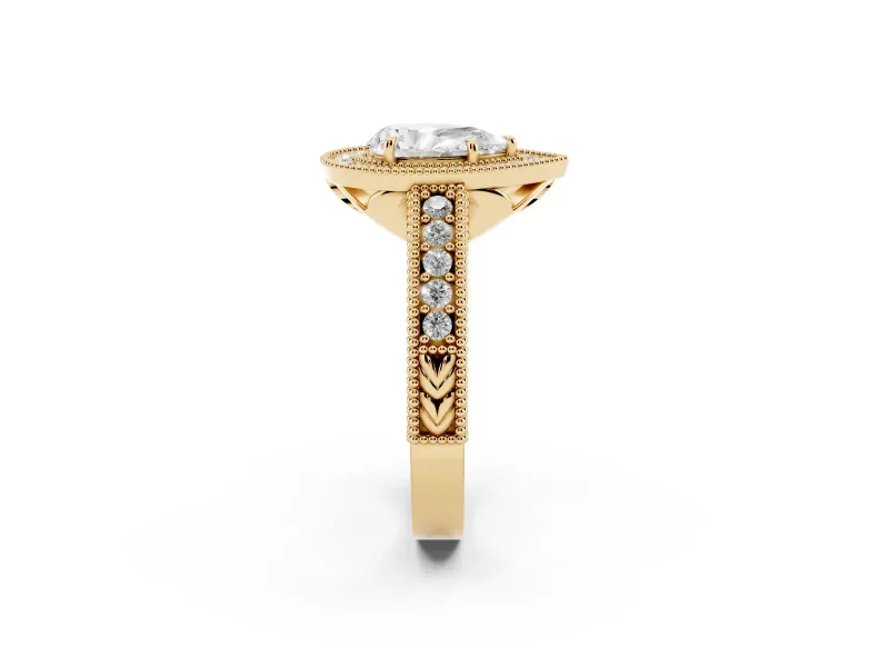 Pear Cut Diamond Halo Ring Set in Yellow gold with Round Accent Halo, Pavé Band and Prong Setting