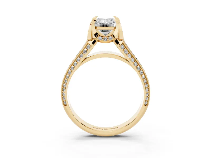 Emerald Cut Hidden Halo Engagement Ring Setting | Triple Row Pavé Band | Yellow Gold