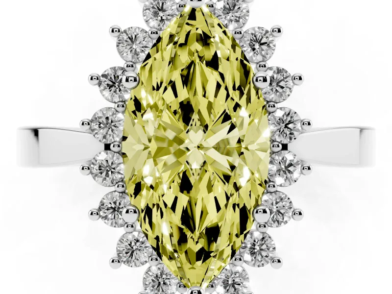 Fancy Yellow Marquise Cut Diamond Halo Ring Set in Platinum with Round Halo and Smooth Solitaire Band