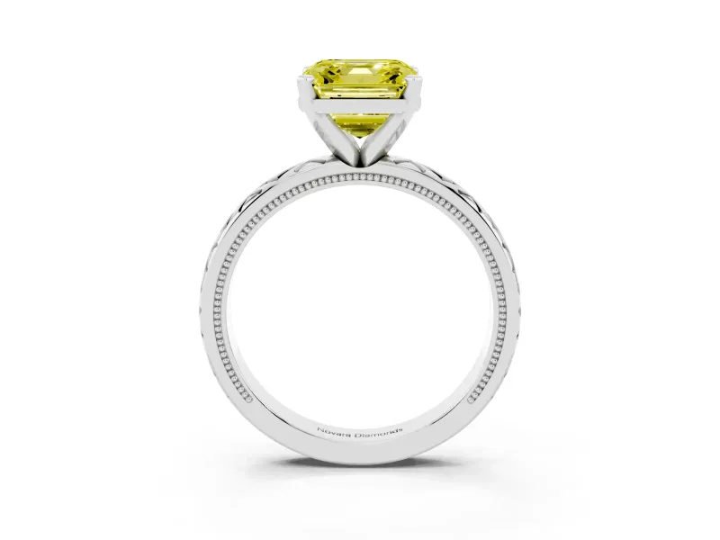 Fancy Yellow Asscher Cut Diamond Solitaire Ring Set in Silver with Milgrain and Black Enamel X Pattern Band