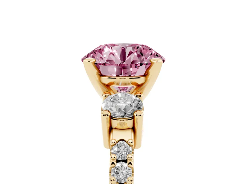Round Three Stone Pavé Engagement Ring Setting for a Fancy Pink Lab-Grown Diamond | Round Side Stones | Yellow Gold