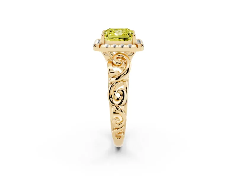 Fancy Yellow Princess Cut Diamond Halo Ring Set in Yellow gold with Scrollwork Band and Prong Setting