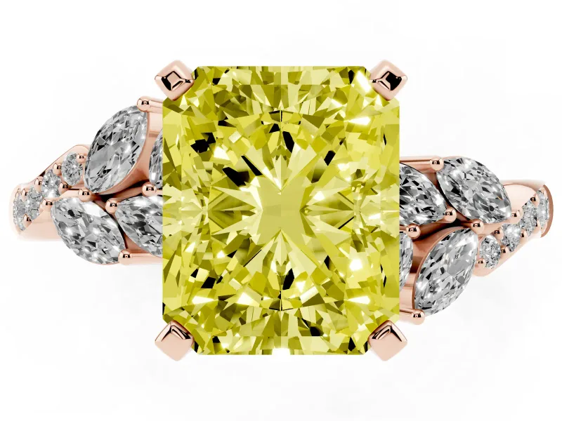 Fancy Yellow Radiant Cut Diamond Solitaire Ring Set in Rose gold with Marquise Twist Band and Prong Setting