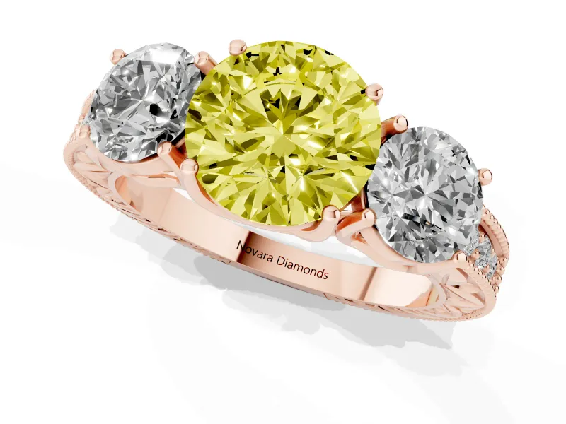 Round Vintage Three Stone Engagement Ring Setting for a Fancy Yellow Lab-Grown Diamond | Rose Gold