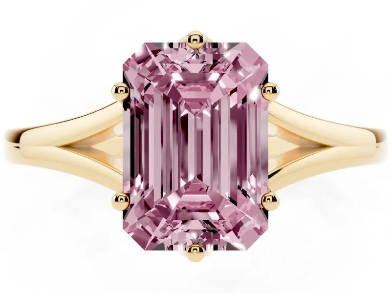 Fancy Pink Emerald Cut Diamond Solitaire Ring Set in Yellow gold with Polished Tapered Band and Prong Setting