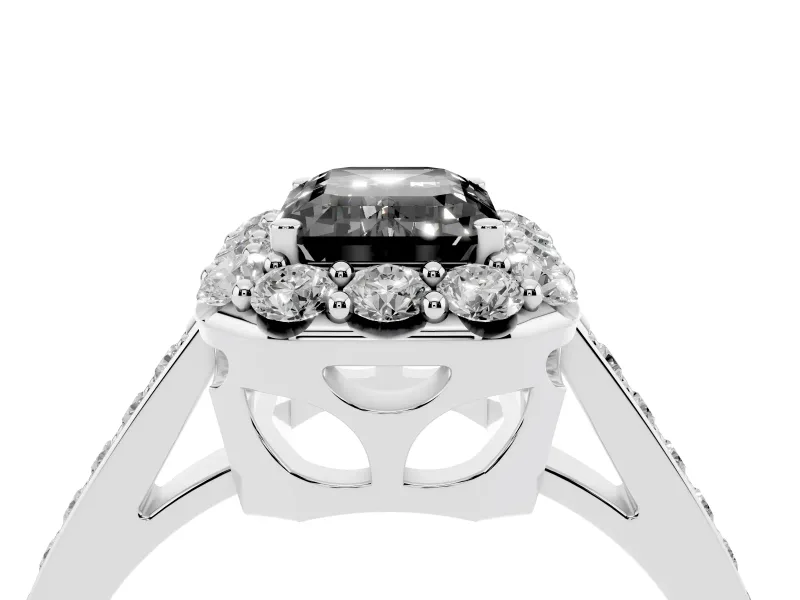 Fancy Black Emerald Cut Diamond Floral Halo Ring Set in Platinum with Pavé Band and Prong Setting