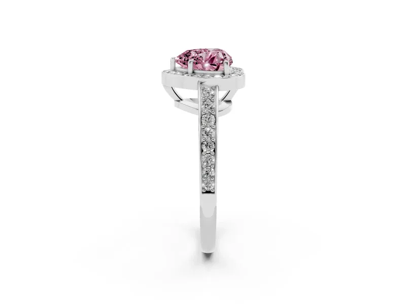 Fancy Pink Heart Cut Diamond Halo Pavé Engagement Ring Set in White gold with Bezel Setting