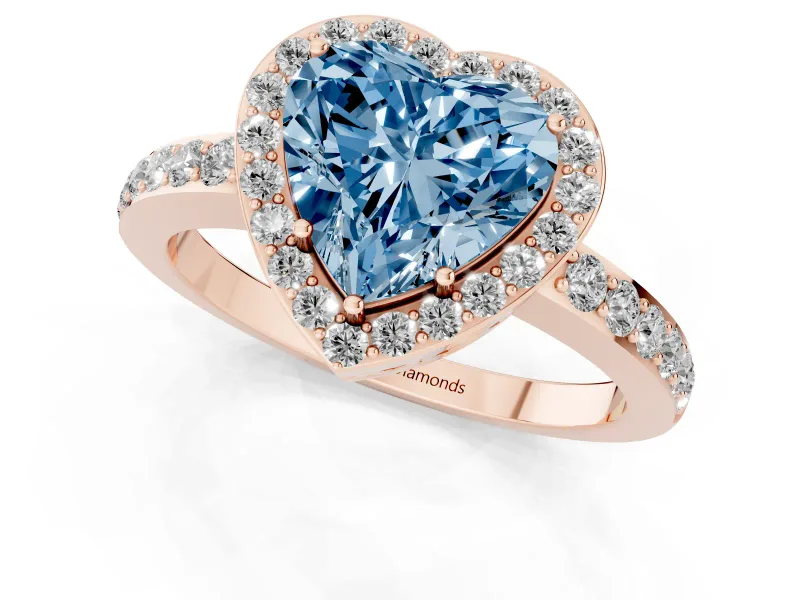 Fancy Blue Heart Cut Diamond Halo Ring Set in Rose gold with Pavé-Setting Band and Open Prong Center