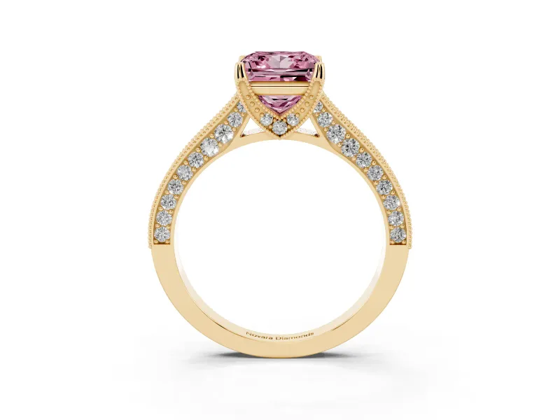 Princess Cut Hidden Halo Engagement Ring Setting for a Fancy Pink Lab-Grown Diamond | Milgrain Pave | Yellow Gold