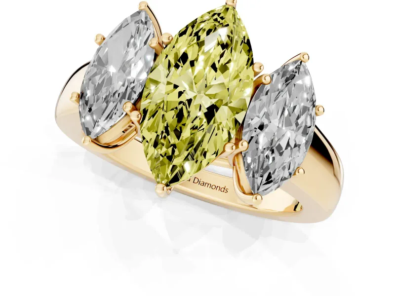 Fancy Yellow Three-Stone Marquise Cut Diamond Ring Set in Yellow gold with Matching Prong Settings and Plain Band
