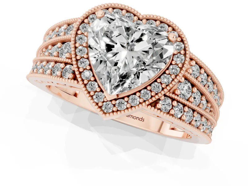 Heart Cut Diamond Halo Ring Set in Rose gold with Accent Split Shank and Prong Setting