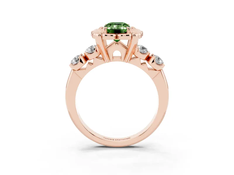 Emerald Cut Floral Engagement Ring Setting for a Fancy Green Lab-Grown Diamond | Petal Frame and Side Stones | Rose Gold