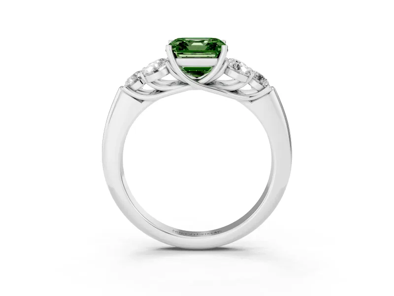 Fancy Green Asscher Cut Diamond Cluster Ring Set in White gold with Round Accent Stones and Prong Setting on a Plain Band