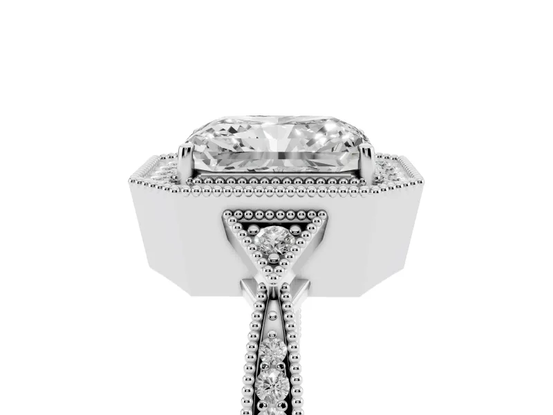 Radiant Cut Diamond Halo Engagement Ring Set in White gold with Milgrain Pavé Band