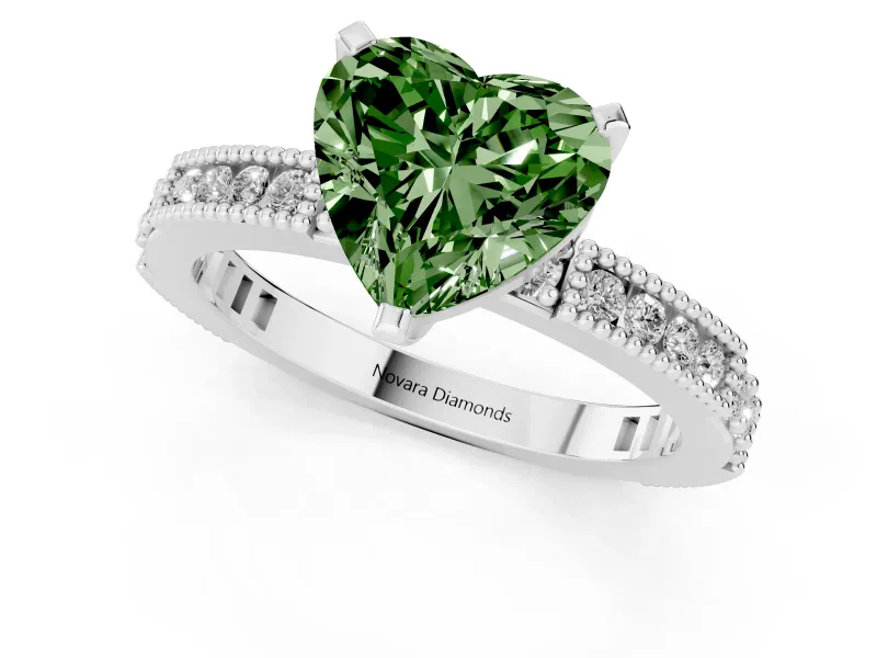 Fancy Green Heart Cut Diamond Solitaire Ring Set in Platinum with Slim Pavé Band and Prong Setting
