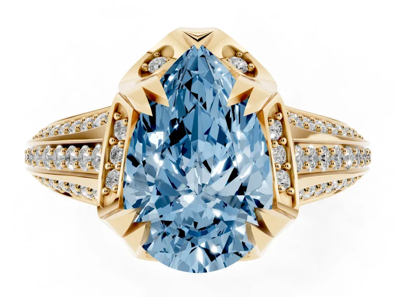 Pear-Shaped Hidden Halo Engagement Ring Setting for a Fancy Blue Lab-Grown Diamond | Triple Row Pavé Band | Yellow Gold