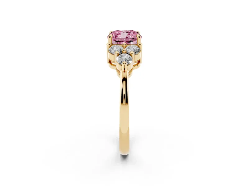Fancy Pink Cushion Cut Diamond Solitaire Ring Set in Yellow gold with Cluster Accents on Each Side