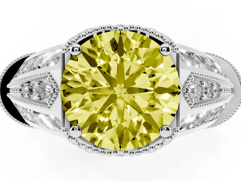 Fancy Yellow Round Cut Diamond Vintage-Inspired Milgrain Ring Set in Platinum with Accent Split Shank