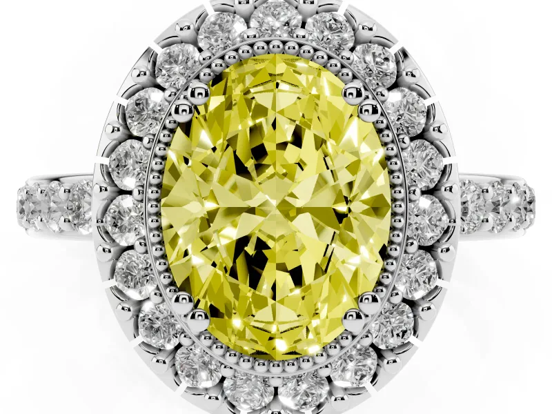 Fancy Yellow Oval Cut Diamond Halo Ring Set in White gold with Pavé Shank and Prong Setting