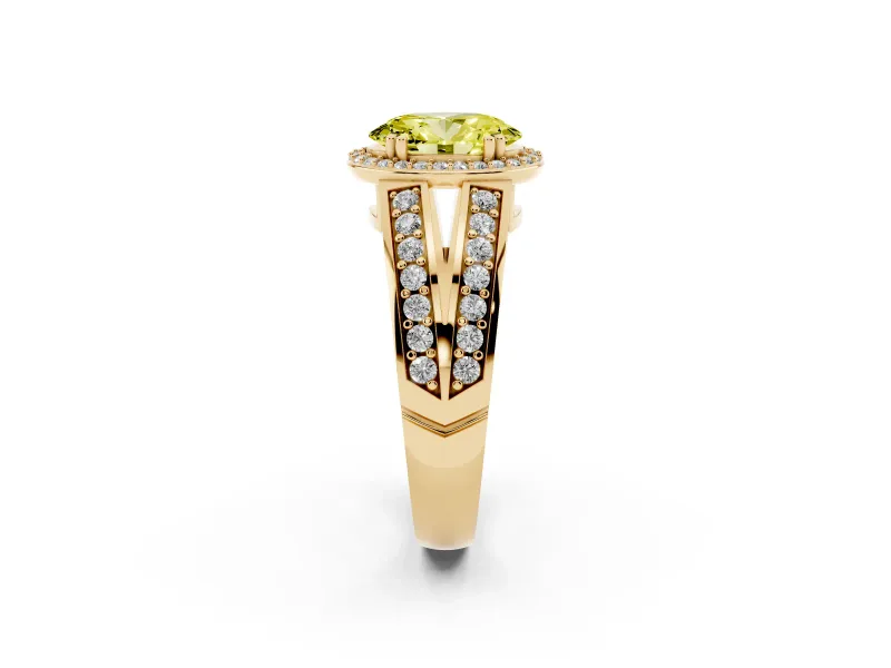 Fancy Yellow Oval Cut Diamond Halo Ring Set in Yellow gold with Double Pavé Split Shank