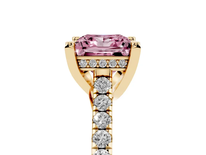 Princess Cut Hidden Halo Pave Engagement Ring Setting for a Fancy Pink Lab-Grown Diamond | Claw Prongs | Yellow Gold
