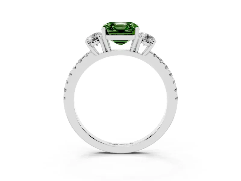 Asscher Cut Three Stone Engagement Ring Setting for a Fancy Green Lab-Grown Diamond | Pave Shoulders | Platinum