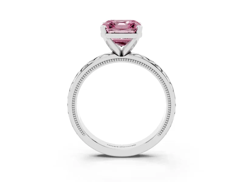 Fancy Pink Asscher Cut Diamond Solitaire Ring Set in White gold with Milgrain and Black Enamel X Pattern Band