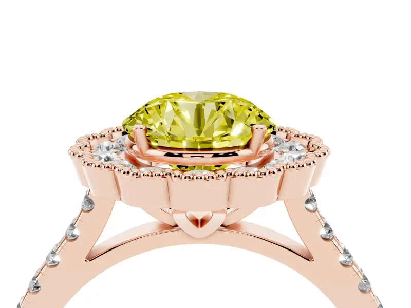 Fancy Yellow Round Cut Diamond Milgrain Floral Halo Engagement Ring Set in Rose gold with Pavé Band