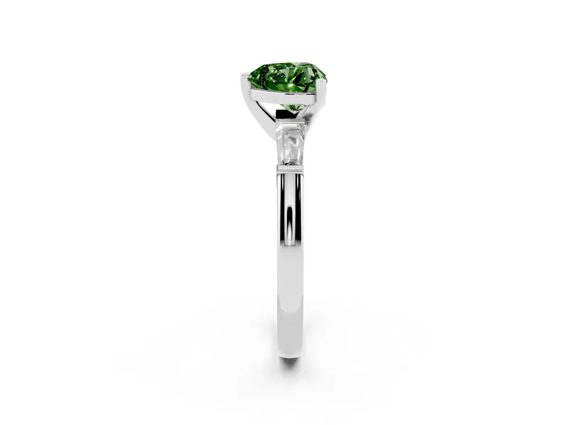 Fancy Green Heart Cut Diamond Solitaire Ring Set in Silver with Tapered Baguette Side Stones and Prong Setting