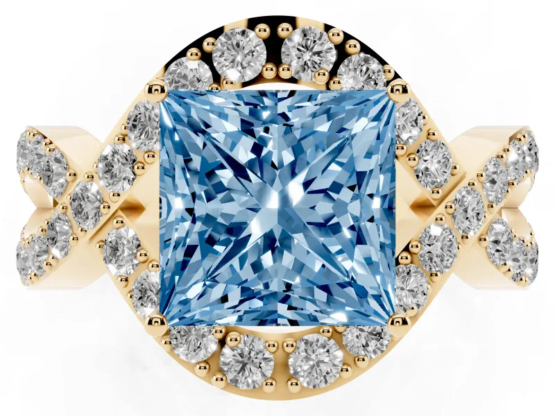 Fancy Blue Princess Cut Diamond Solitaire Twist Band Pavé Engagement Ring Set in Yellow gold
