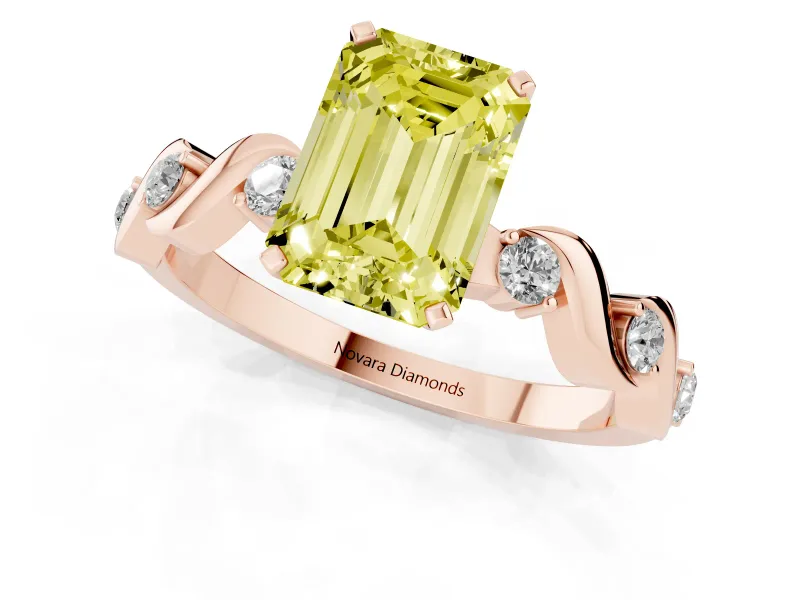 Fancy Yellow Emerald Cut Diamond Solitaire Ring Set in Rose gold with Ribbon Twist Band, Round Accents and Prong Setting