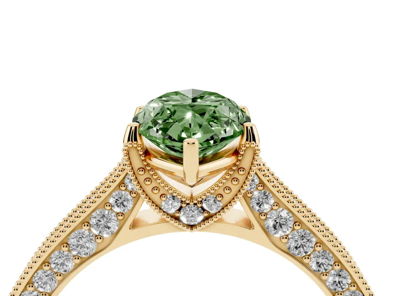 Marquise Hidden Halo Engagement Ring Setting for a Fancy Green Lab-Grown Diamond | Milgrain Pave | Yellow Gold