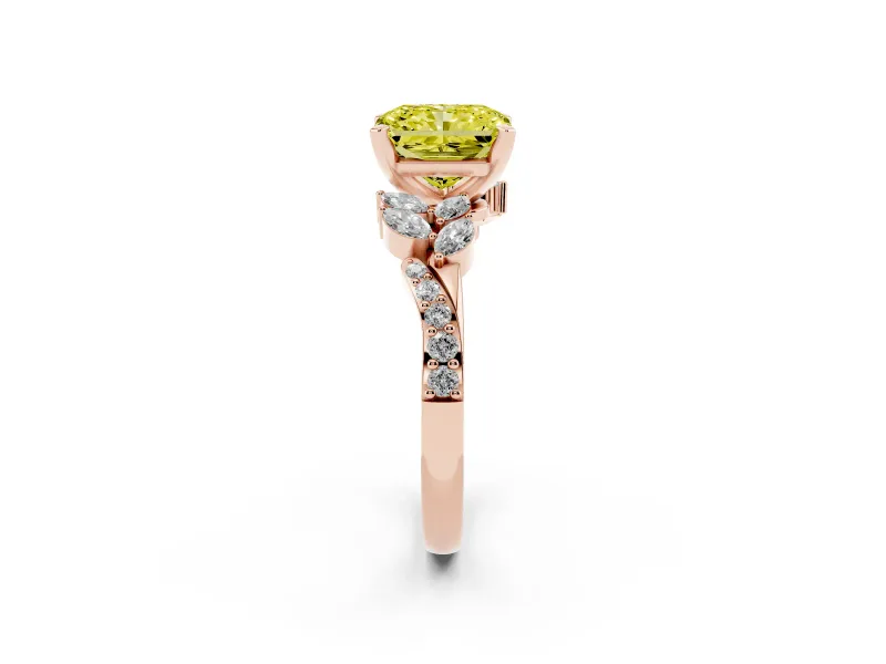 Radiant Cut Floral Engagement Ring Setting for a Fancy Yellow Lab-Grown Diamond | Marquise Side Stones | Rose Gold