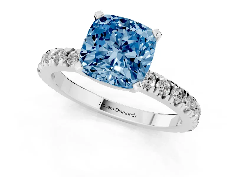 Fancy Blue Cushion Cut Diamond Pavé Band Solitaire Set in White gold with Prong Setting