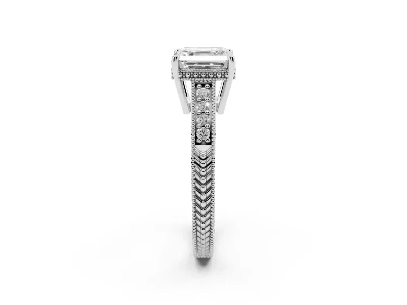 Asscher Cut Vintage Engraved Solitaire Engagement Ring Setting | Milgrain Pavé | Sterling Silver