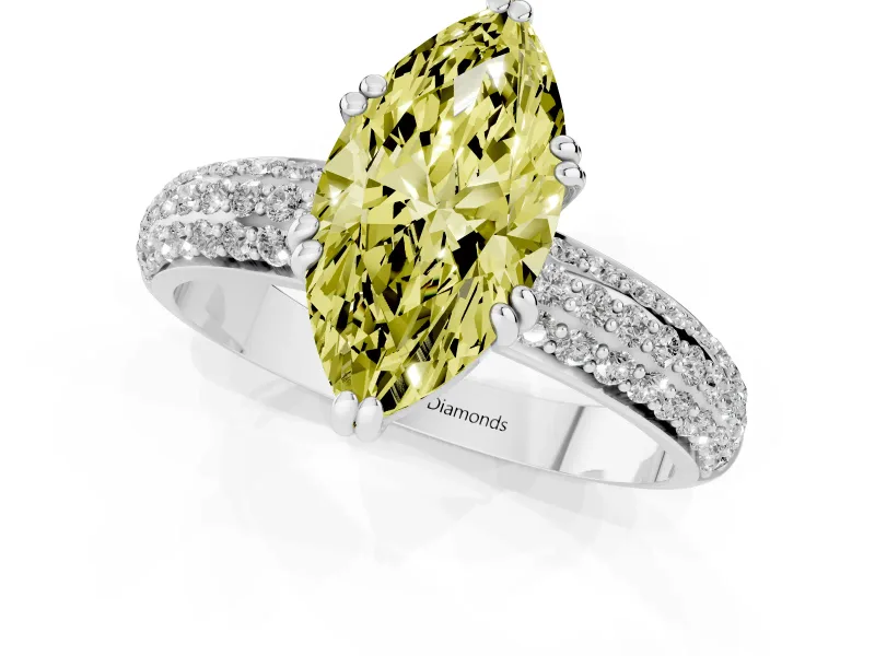 Marquise Three Row Pave Engagement Ring Setting for a Fancy Yellow Lab-Grown Diamond | Double Claws | Sterling Silver