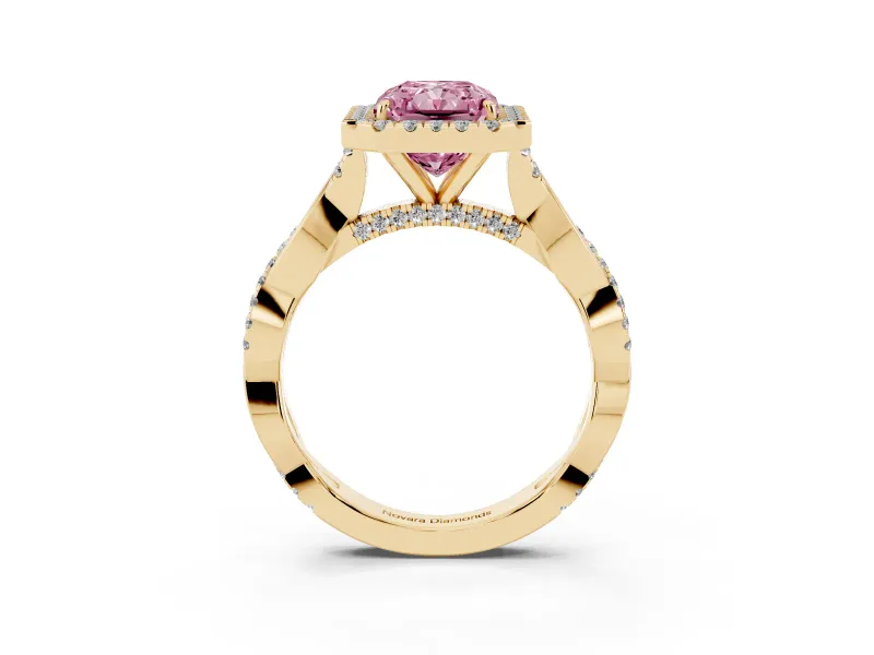 Radiant Cut Twist Halo Engagement Ring Setting for a Fancy Pink Lab-Grown Diamond | Yellow Gold