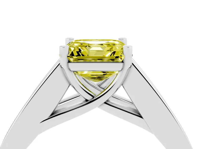 Fancy Yellow Asscher Cut Diamond Solitaire Ring Set in Platinum with Channel-Set Accent Stones and Prong Setting