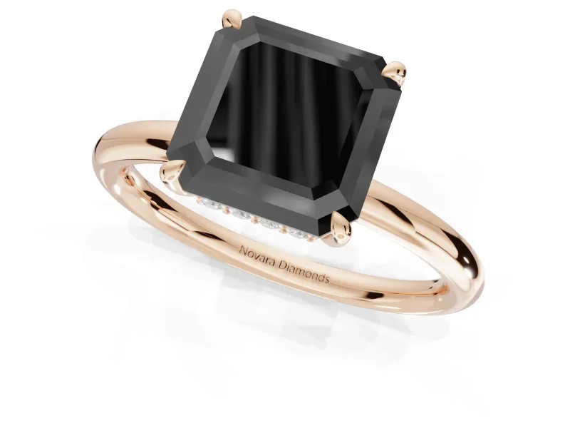 Asscher Cut Hidden Halo Engagement Ring Setting for a Black Center | Thin Plain Band | Rose Gold