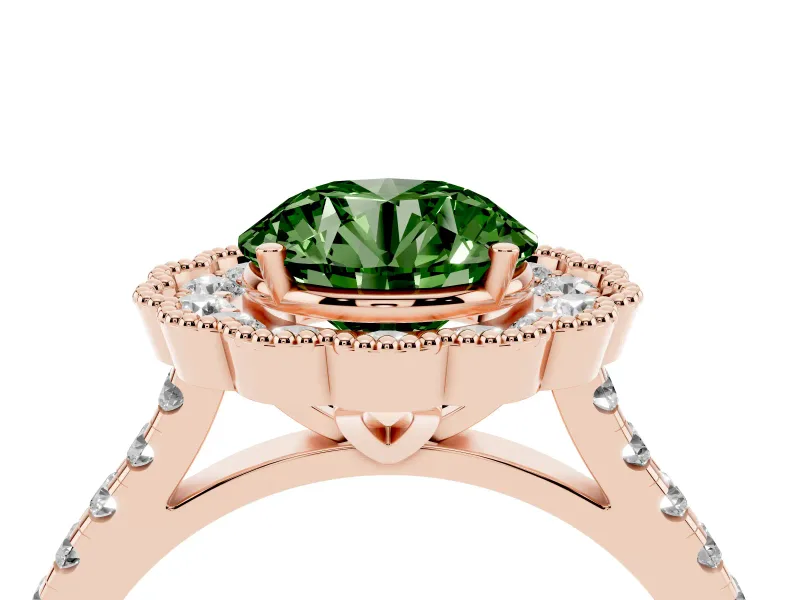 Fancy Green Round Cut Diamond Milgrain Floral Halo Engagement Ring Set in Rose gold with Pavé Band