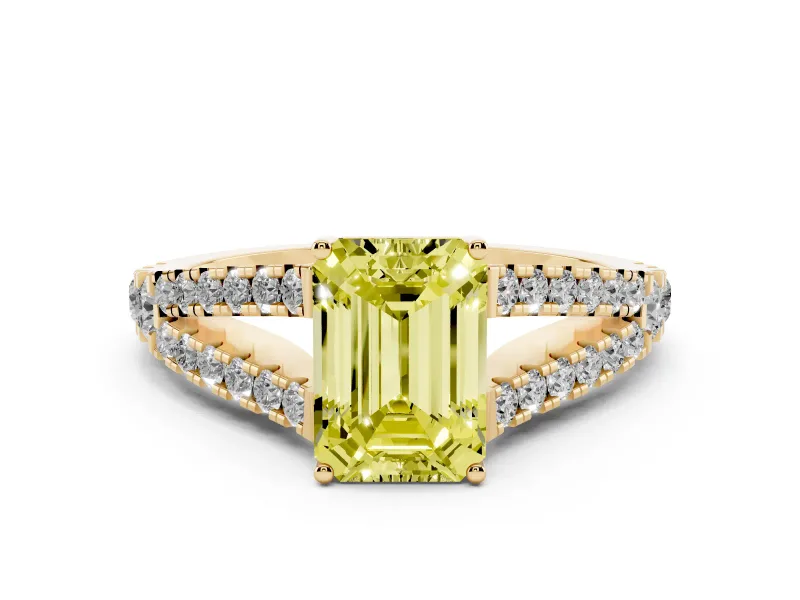 Fancy Yellow Emerald Cut Diamond Split Shank Pavé Engagement Ring Set in Yellow gold with Prong-Held Center Stone