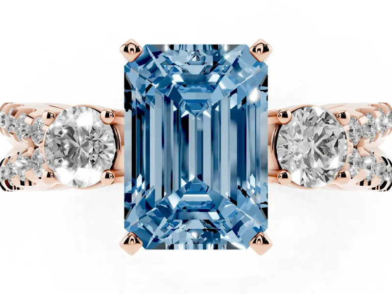 Emerald Cut Three Stone Engagement Ring Setting for a Fancy Blue Lab-Grown Diamond | Rose Gold