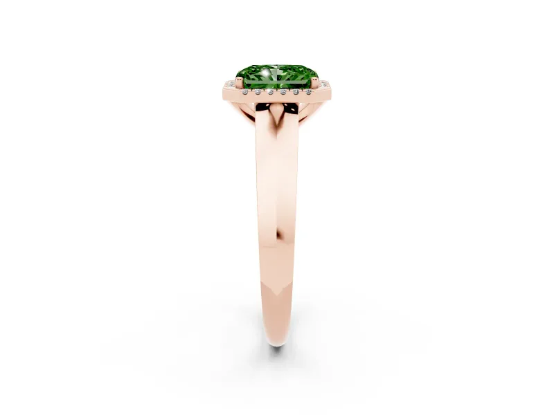Fancy Green Radiant Cut Diamond Halo Ring Set in Rose gold with Cathedral Band and Prong Setting