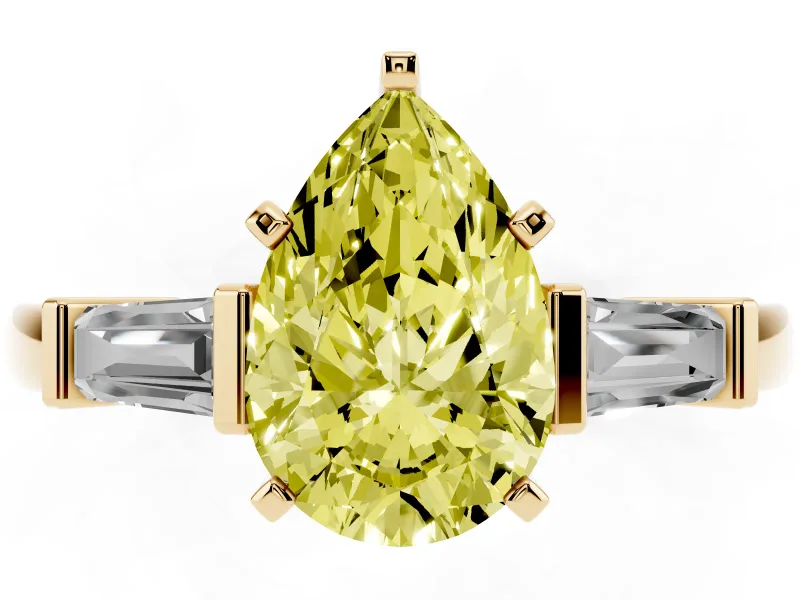 Fancy Yellow Pear Cut Diamond Solitaire Ring Set in Yellow gold with Tapered Baguette Accents and Prong Setting