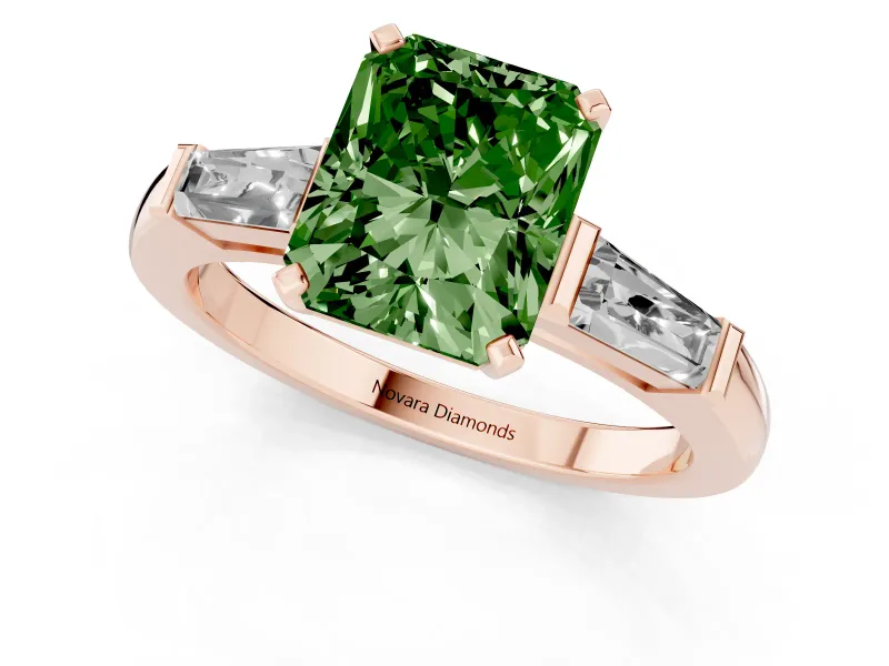 Fancy Green Radiant Cut Diamond Solitaire Ring Set in Rose gold with Tapered Baguette Side Stones and Prong Setting