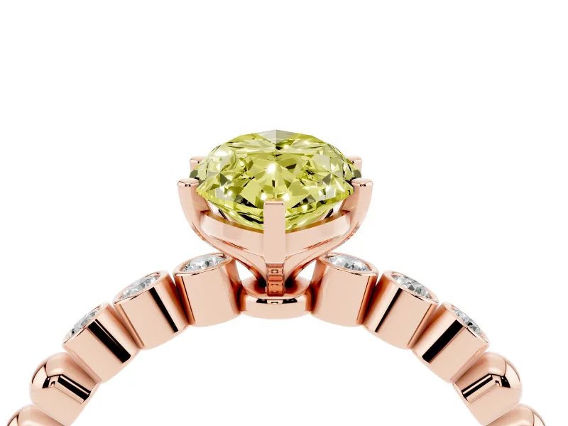 Fancy Yellow Marquise Cut Diamond Solitaire Engagement Ring Set in Rose gold with Bezel Accents on Beaded Band